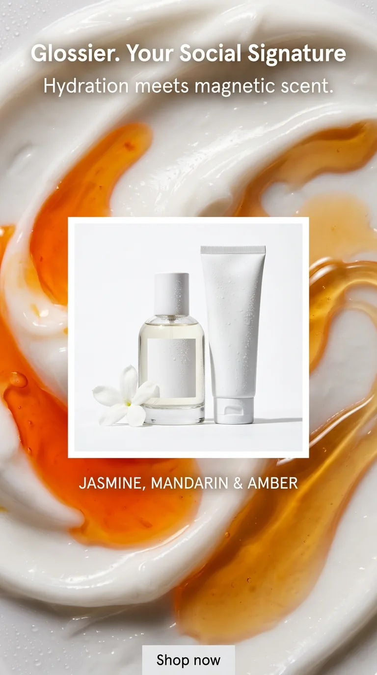 Independent example Studio draft — a fragrance and hydrator product still on a cream-swirl background.